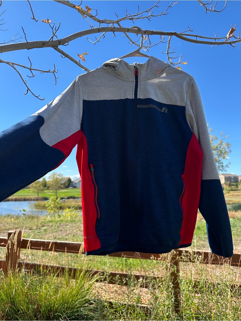 Colorblock Hoodie [red grey blue, zip up]